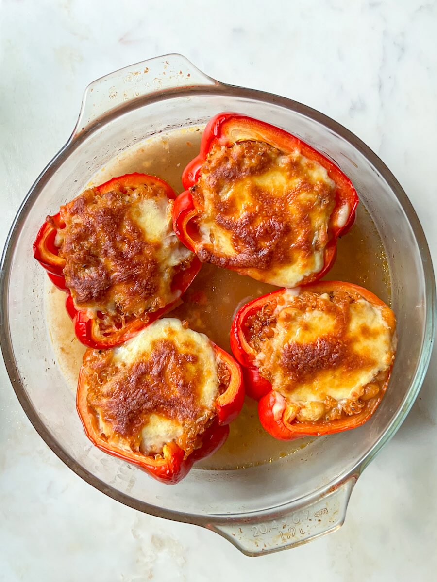 Stuffed bell peppers without meat, bake until cheese is golden and bubbly.