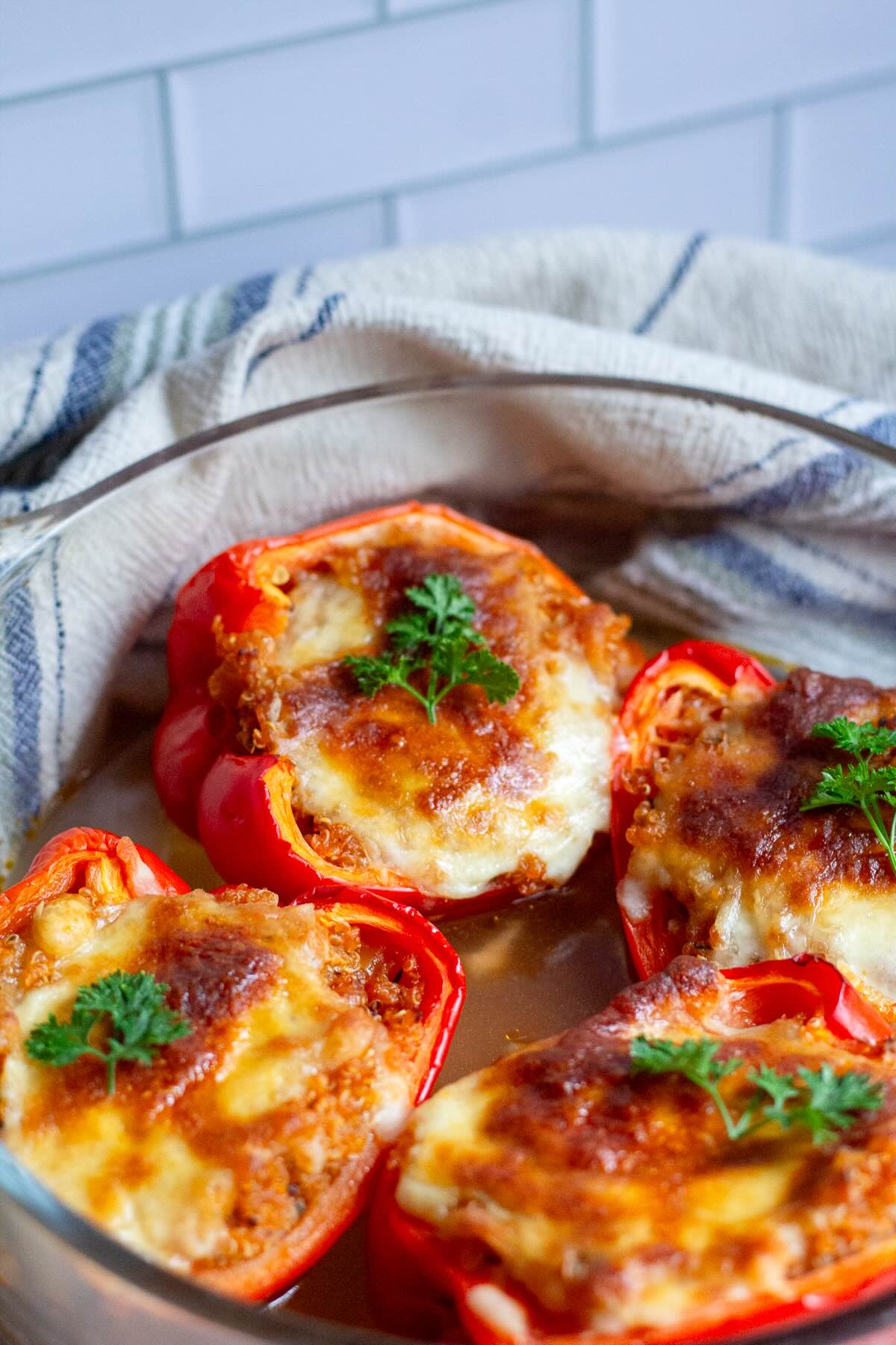 Stuffed peppers without meat served in a bowl and decorated with fresh parsley.
