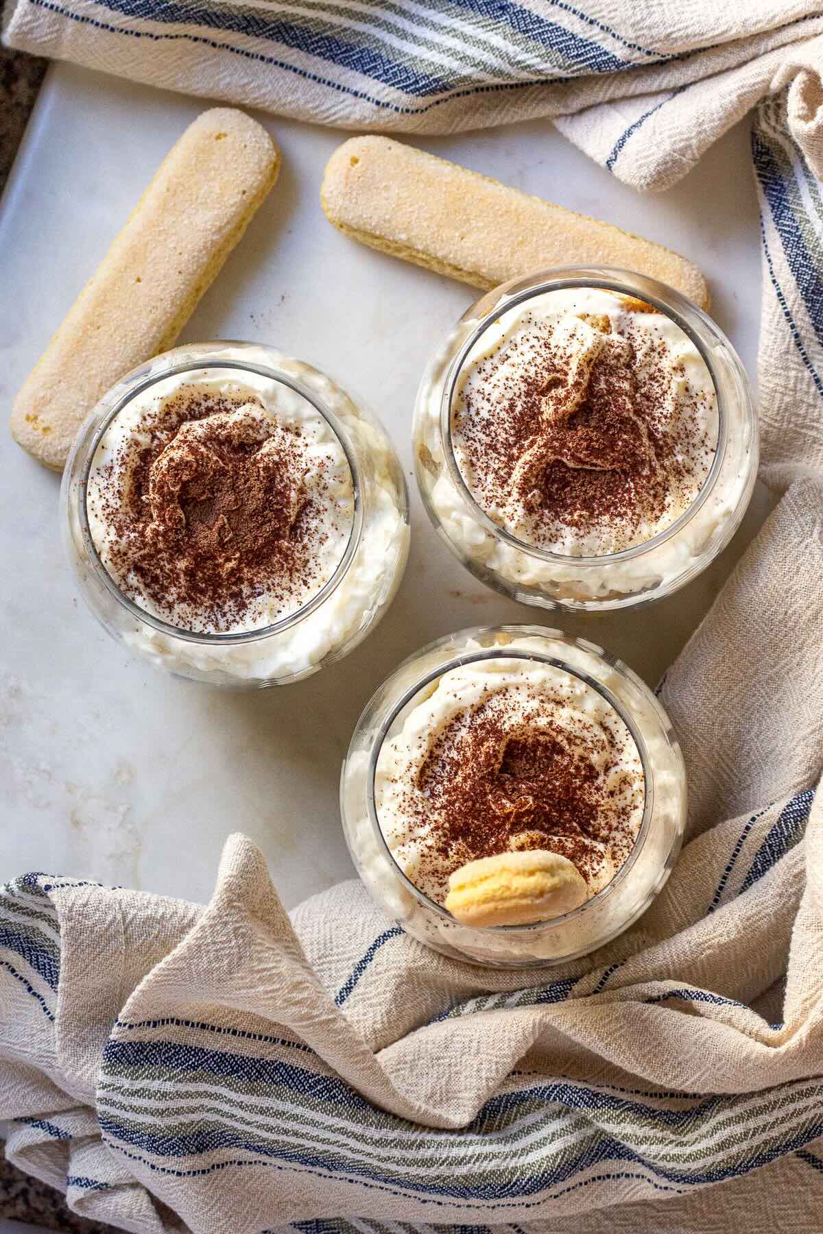 Tiramisu in a cup made with no mascarpone and no egg, but instead with cream cheese.