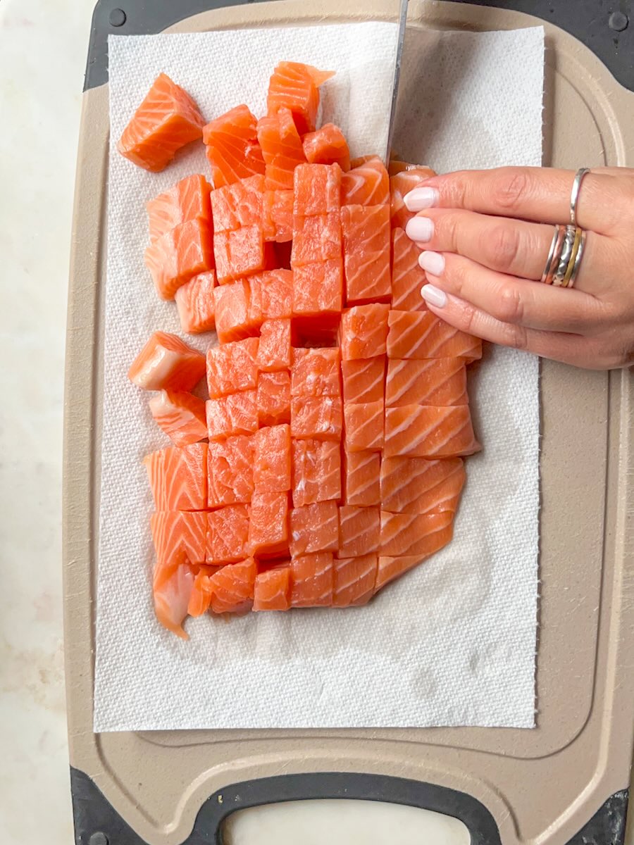 Air Fryer Salmon Bites with Garlic, cut salmon into bites.