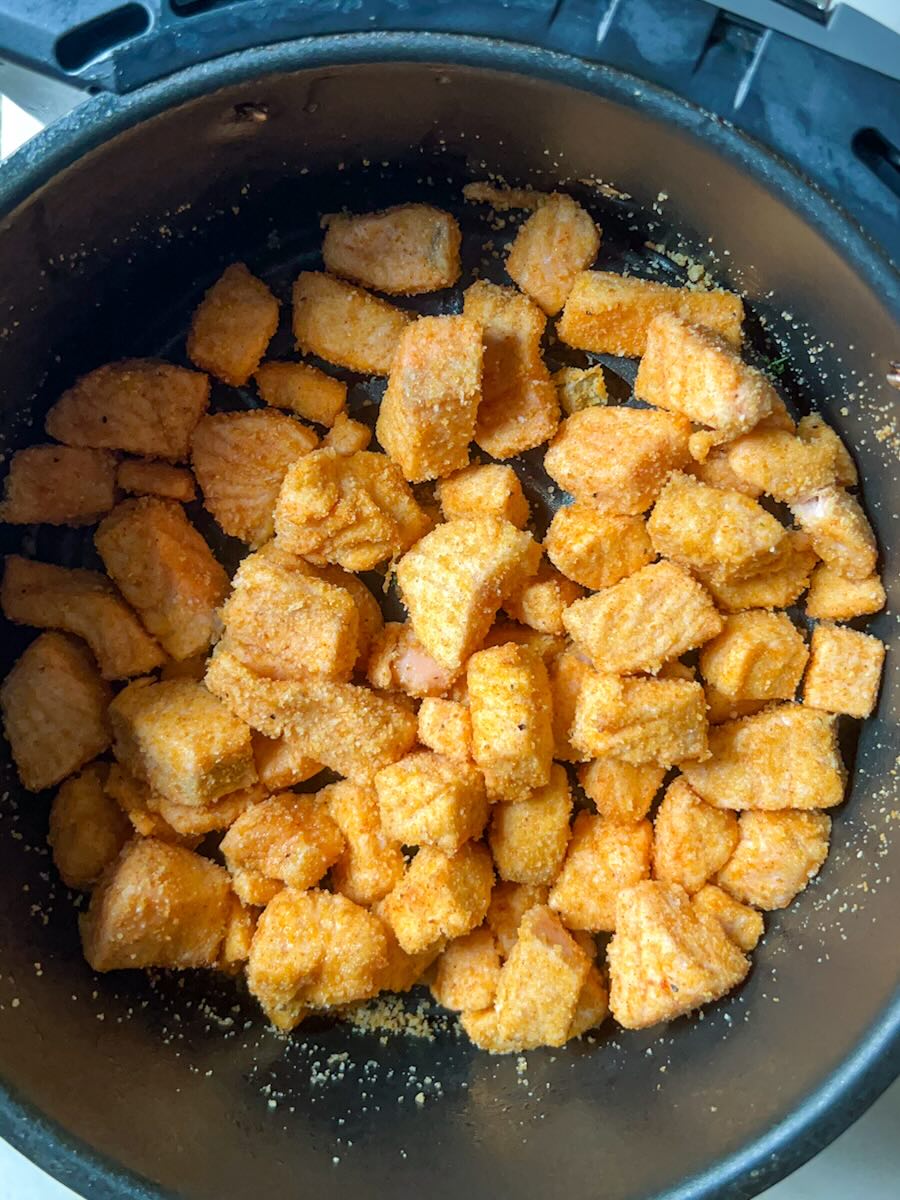 Air Fryer Salmon Bites with Garlic, shake the basket half way through cooking.
