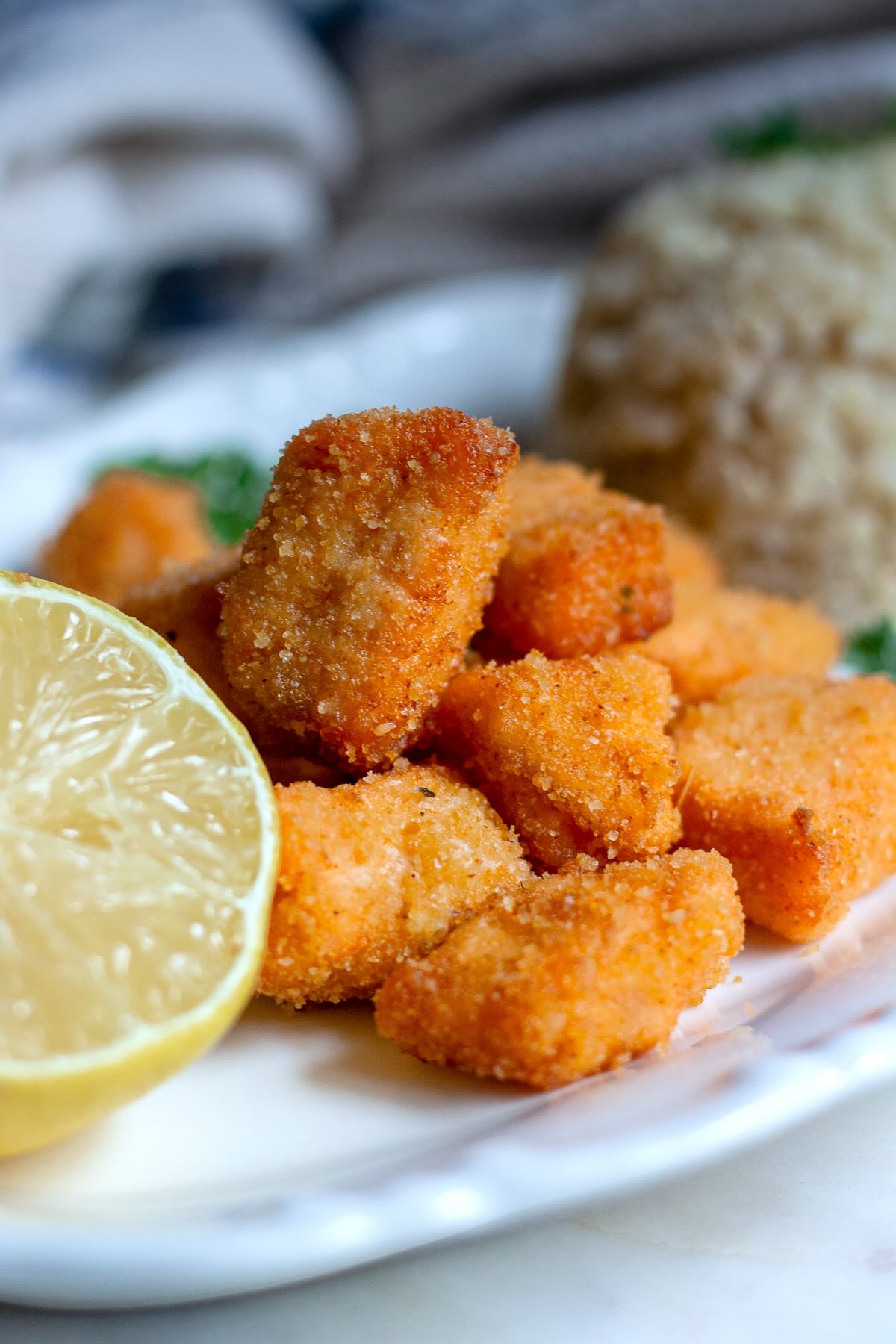 Air Fryer Salmon Bites with Garlic with brown rice.