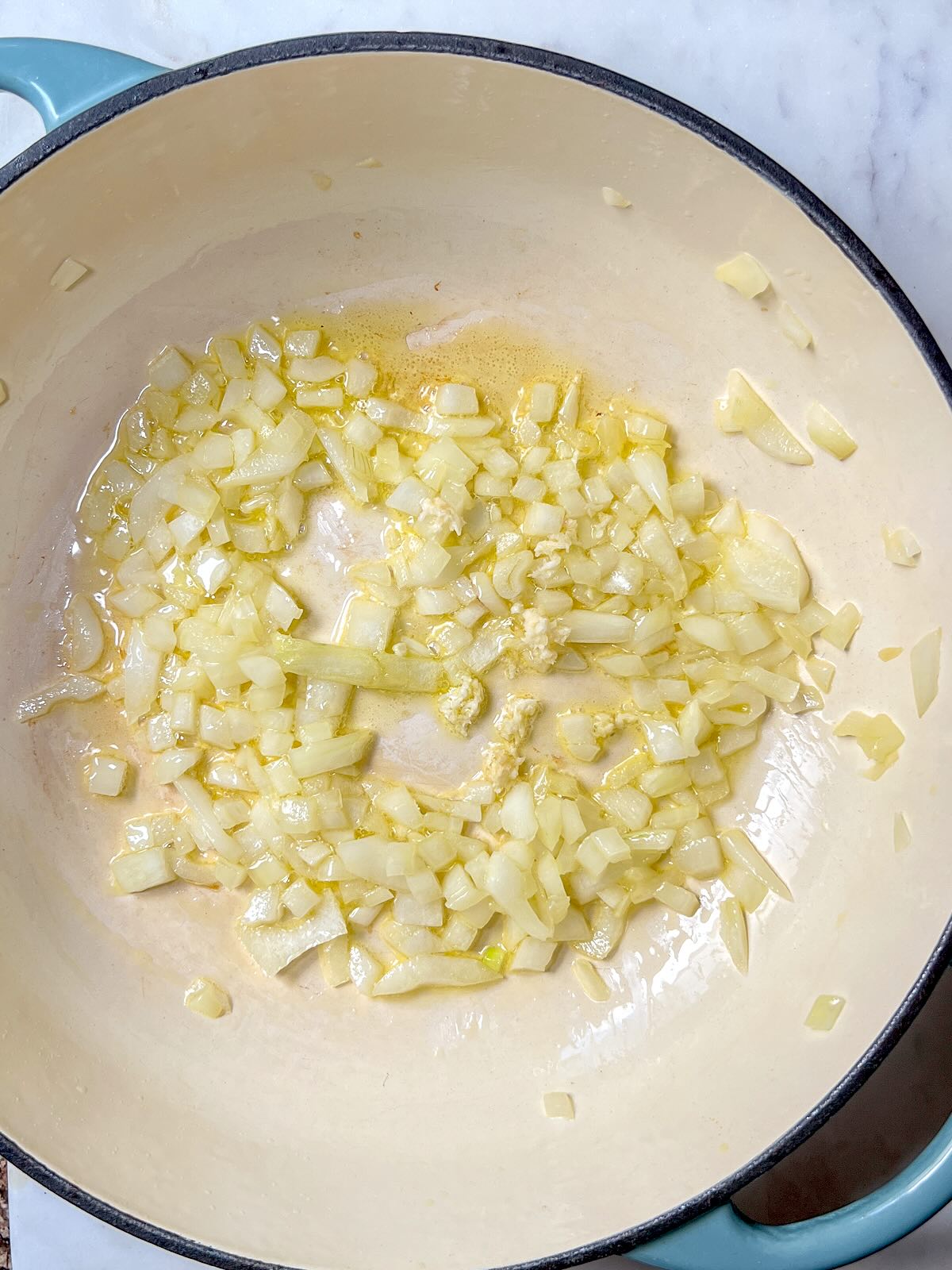 Mediterranean Rice Preparation, step 2, saute onion and garlic.