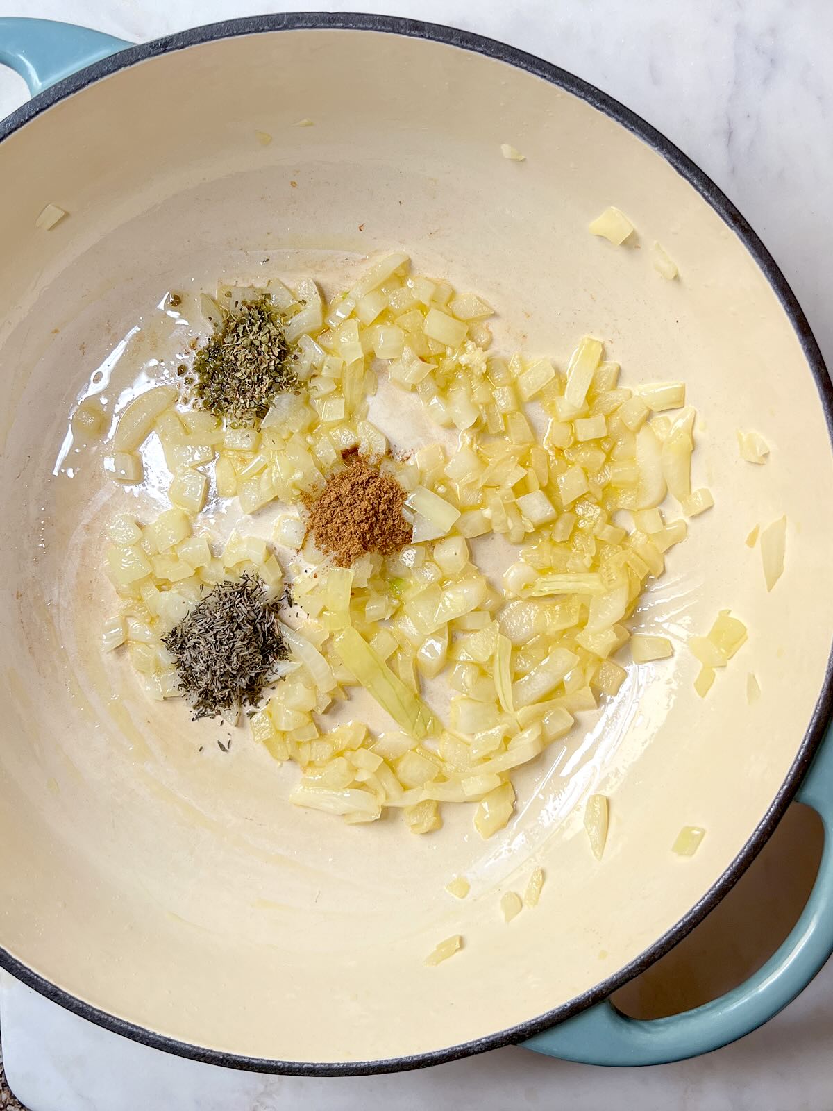 Mediterranean Rice preparation, step 3, add spices.