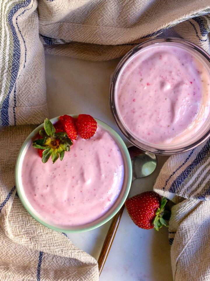 Homemade Strawberry Yogurt recipe served in bowls.