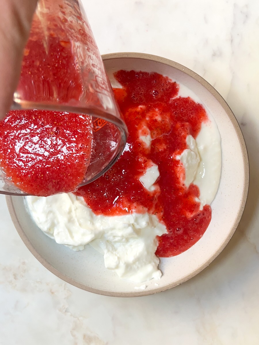 Strawberry Yogurt recipe, combine yogurt and strawberry mix.