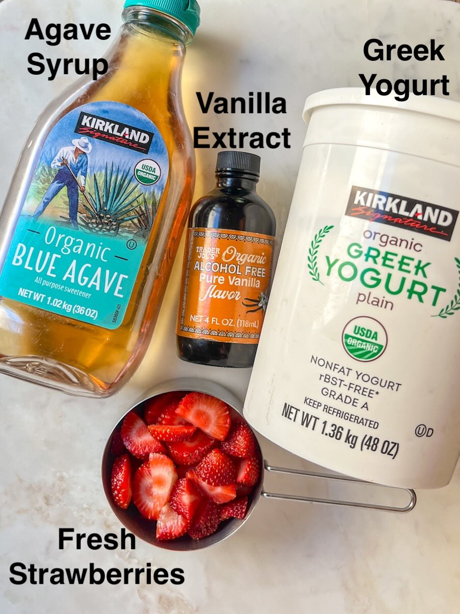 Yogurt parfait breakfast, labeled ingredients.