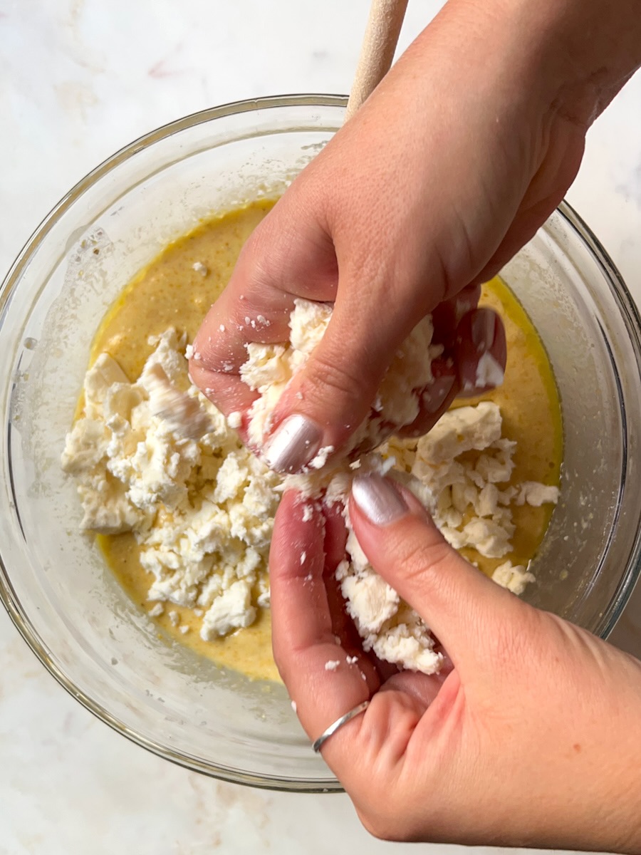Cornmeal Muffins with Feta (Projice sa Sirom), add crumbled feta cheese.