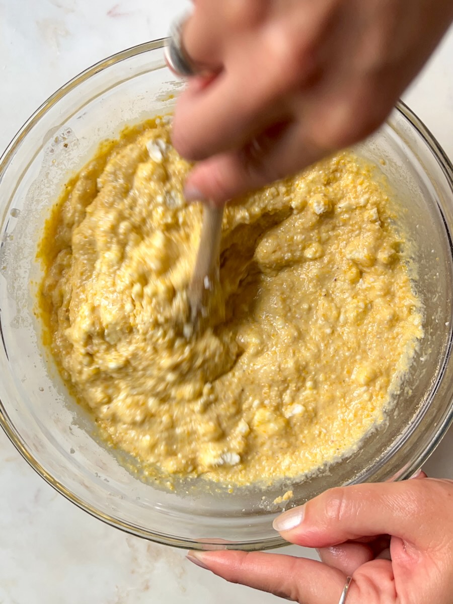 Cornmeal Muffins with Feta (Projice sa Sirom), mix feta cheese into the batter.