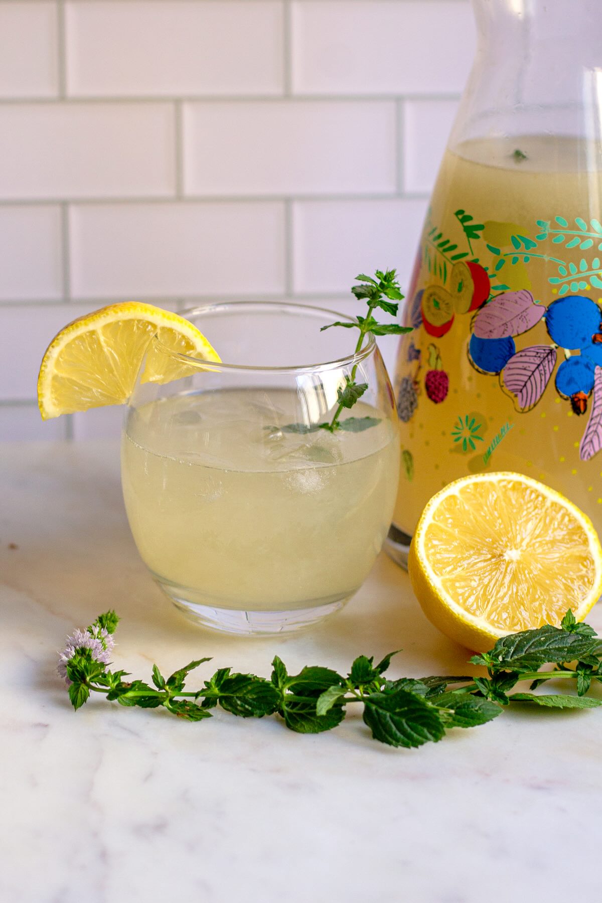 Ginger Mint Lemonade Freshly Prepared and Stored in a Pitcher.