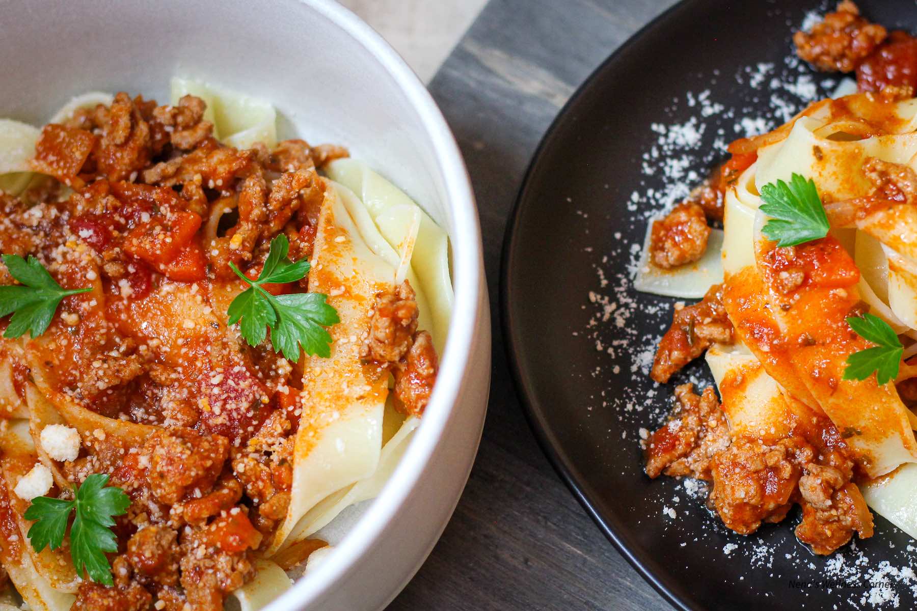 Turkey Mince Bolognese with Jar Sauce (Turkey Ragu Pasta) served on a plate and in a bowl