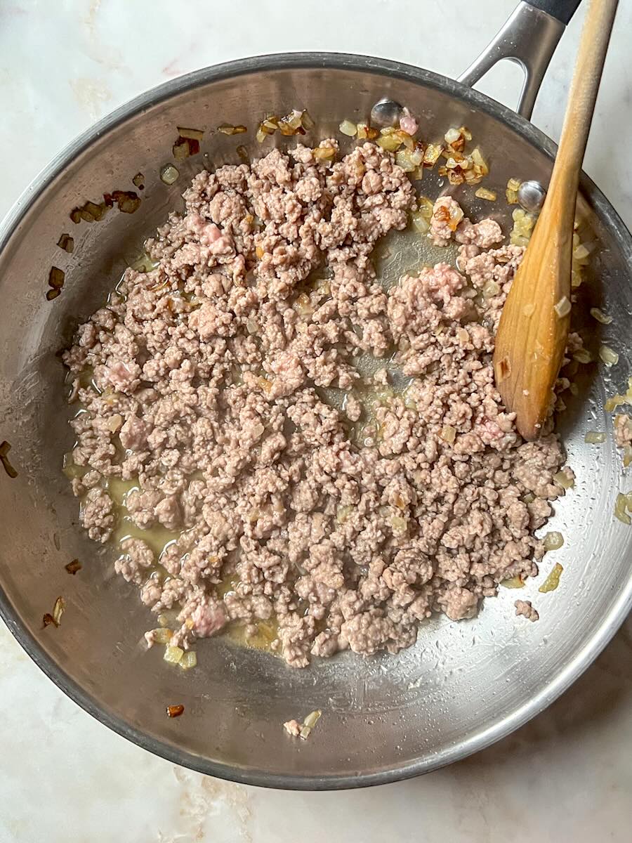 Gluten Free Meat and Rice Stuffed Peppers, Cook the Meat.