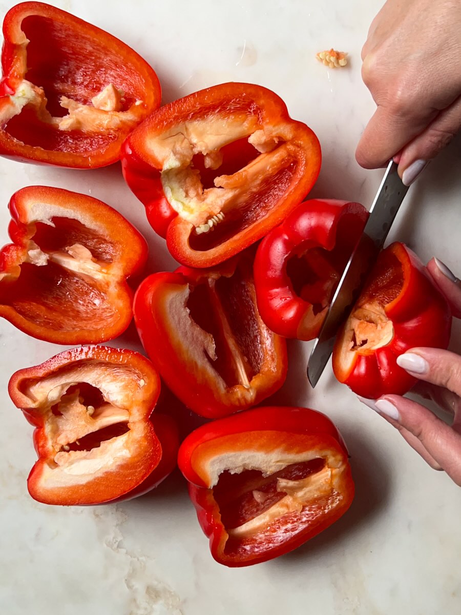 Gluten Free Meat and Rice Stuffed Peppers, Cut the Peppers Lenghtwise.