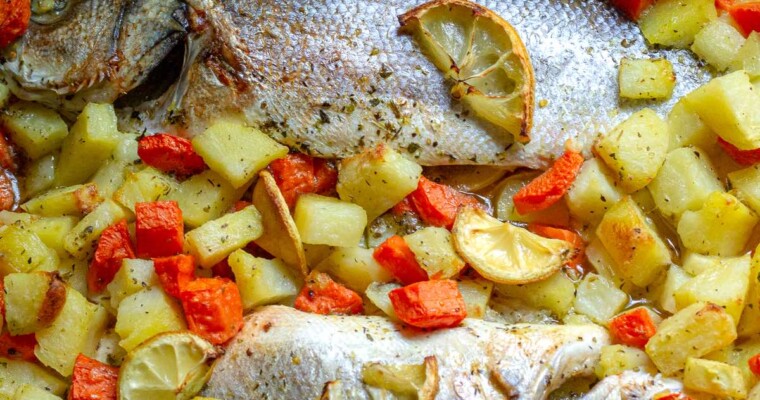 Mediterranean Oven Roasted Whole Branzini with Vegetables