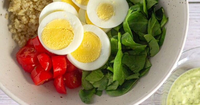 Quinoa Salad with Hard Boiled Egg and Avocado Dressing