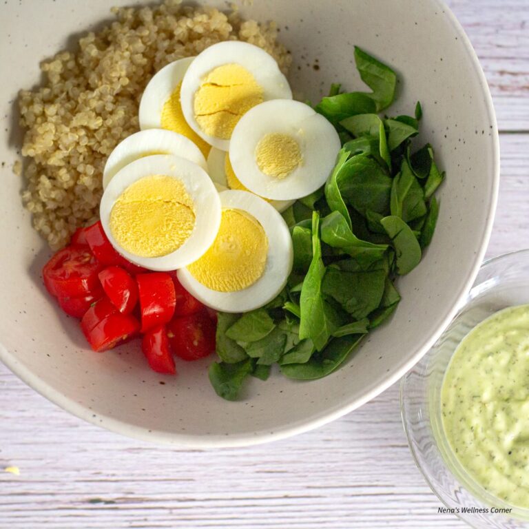 Quinoa Salad with Hardboiled Egg and Avocado Dressing