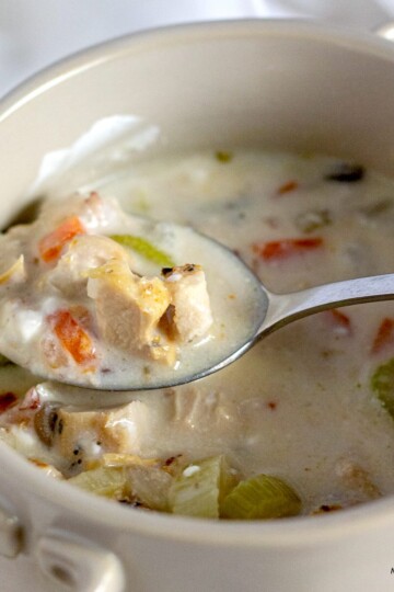 Panera copycat cream of chicken and wild rice soup served in a bowl