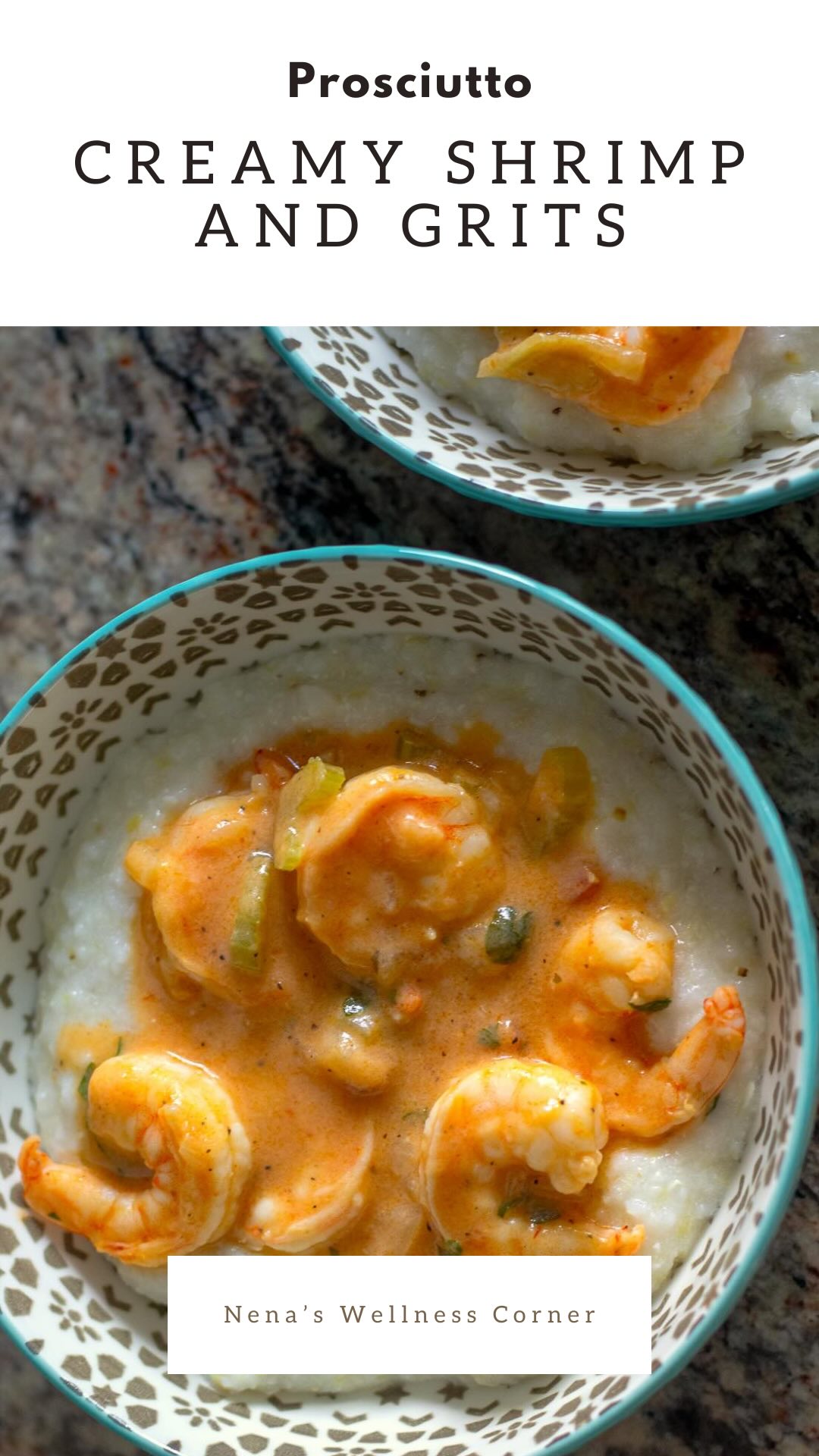 Prosciutto Shrimp served Over Creamy Cheese Grits in a Bowl Pinterest Pin