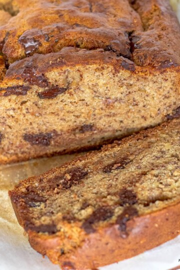 Chocolate Chip Banana Bread cut into slices