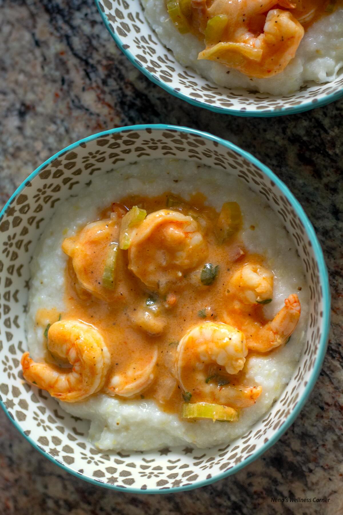 Prosciutto Shrimp served Over Creamy Cheese Grits in a Bowl