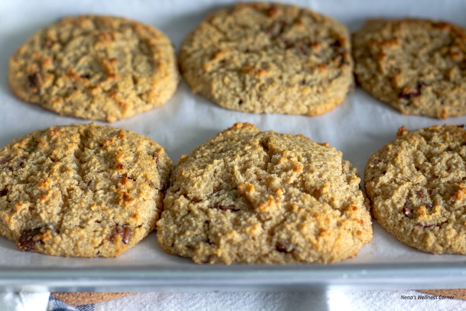 Gluten-free Chocolate Chip Cookies made with Almond Flour placed on a Baking Cookie Sheet