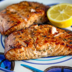 Air fryer maple salmon fillets on a plate