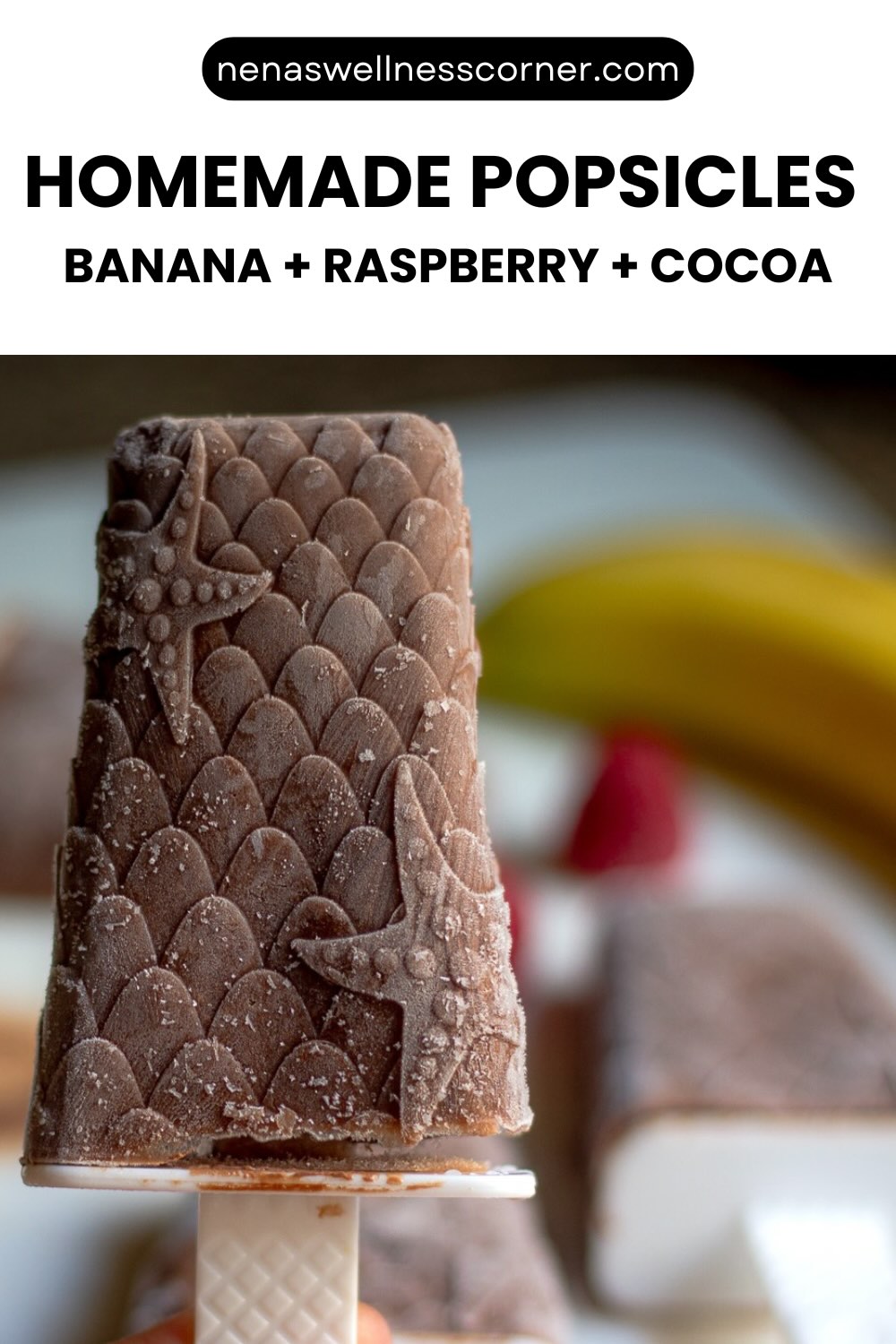 Pinterest Pin Creamy chocolate banana and raspberry popsicles