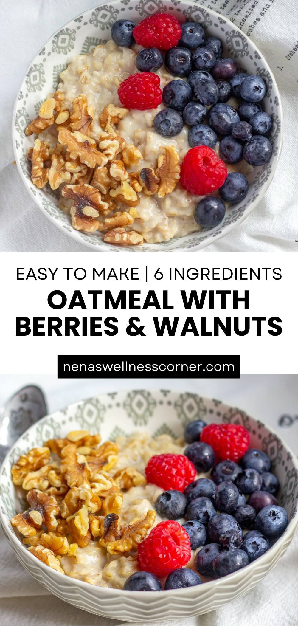 Oatmeal with berries and walnuts served in a breakfast bowl Pinterest Pin