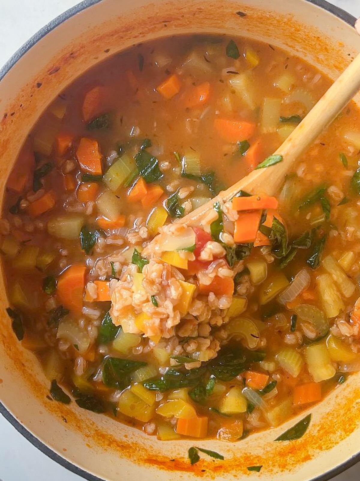 Vegetable soup with barley or farro, taste and adjust salt as needed.