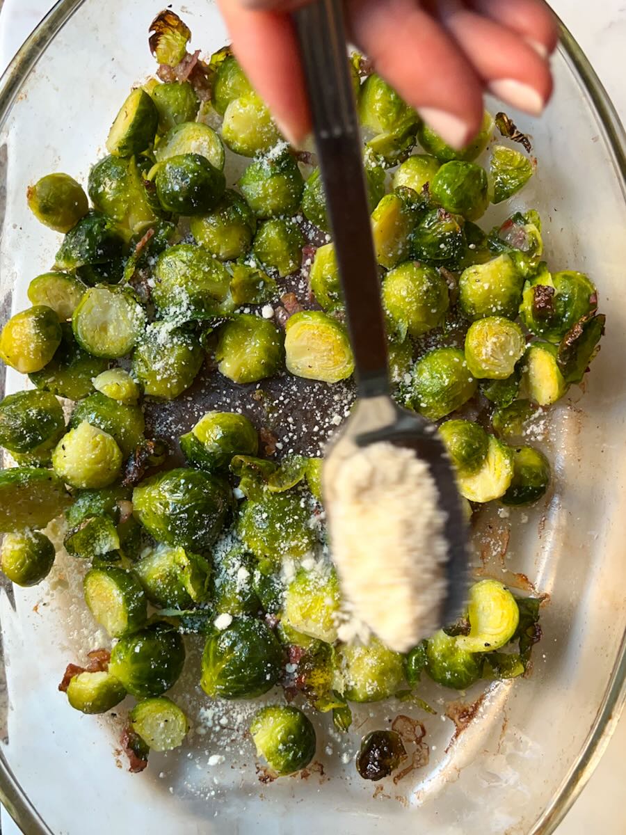 Oven Baked Brussels Sprout with Prosciutto, sprinkle with Parmesan cheese.