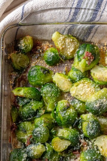 Oven bake prosciutto brussels sprouts in a baking dish