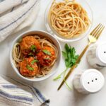 Mini Turkey Meatballs with Tomato Sauce served in a bowl over spaghetti