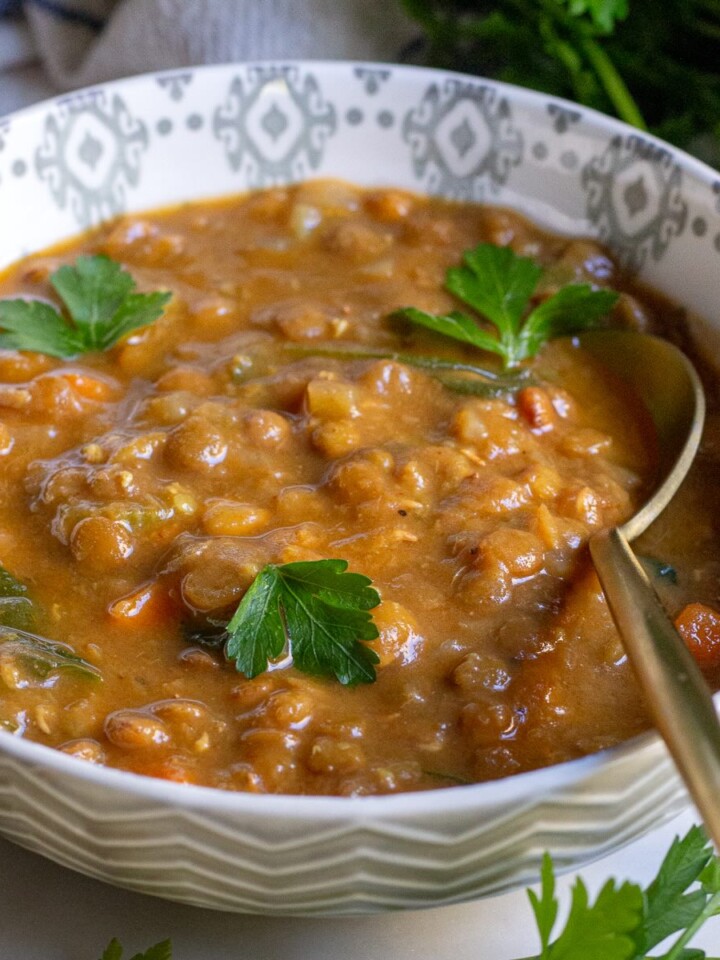 Instant Pot Lentil Soup with Spinach served in a bowl