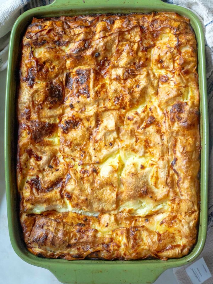 Gibanica (Serbian Cheese Filo Dough Pie) in baking pan