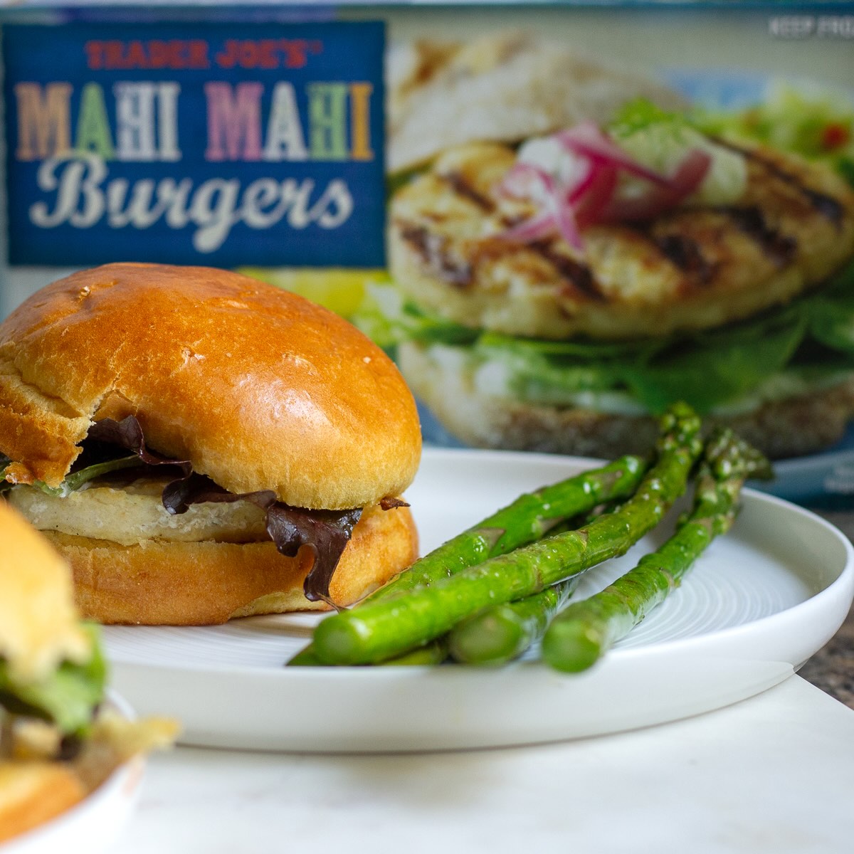 Trader Joe's Mahi Mahi Burgers with Grilled Asparagus