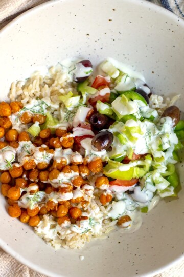 Roasted Chickpea Mediterranean Salad served with yogurt dill dressing