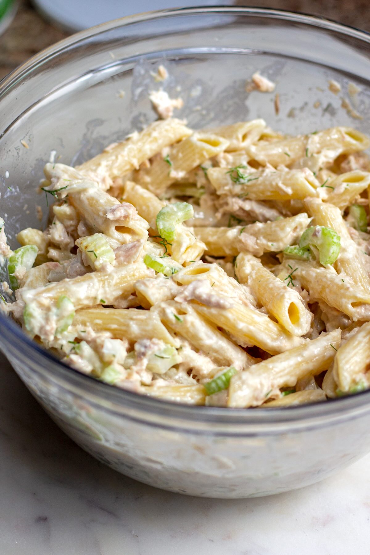 Dill Tuna Pasta Salad Served in a Bowl