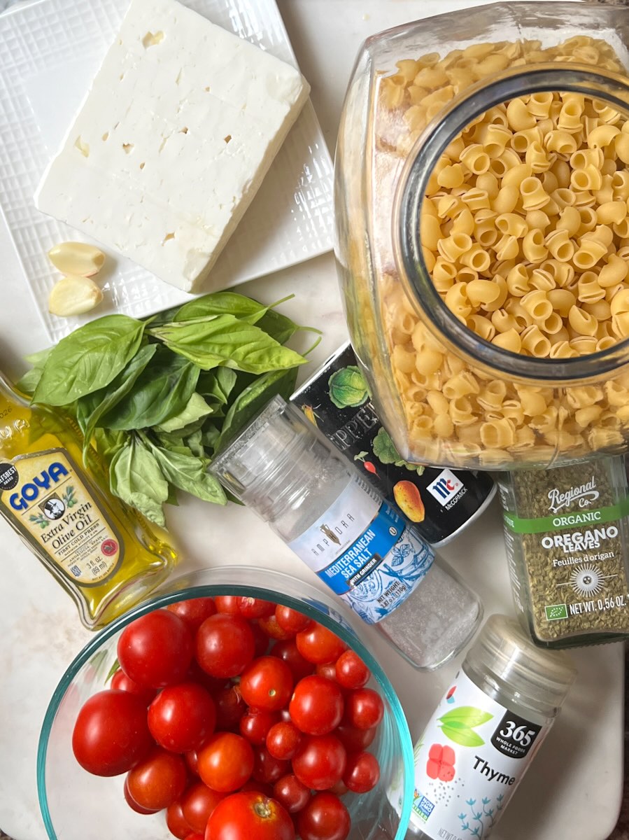 Baked feta pasta ingredients.