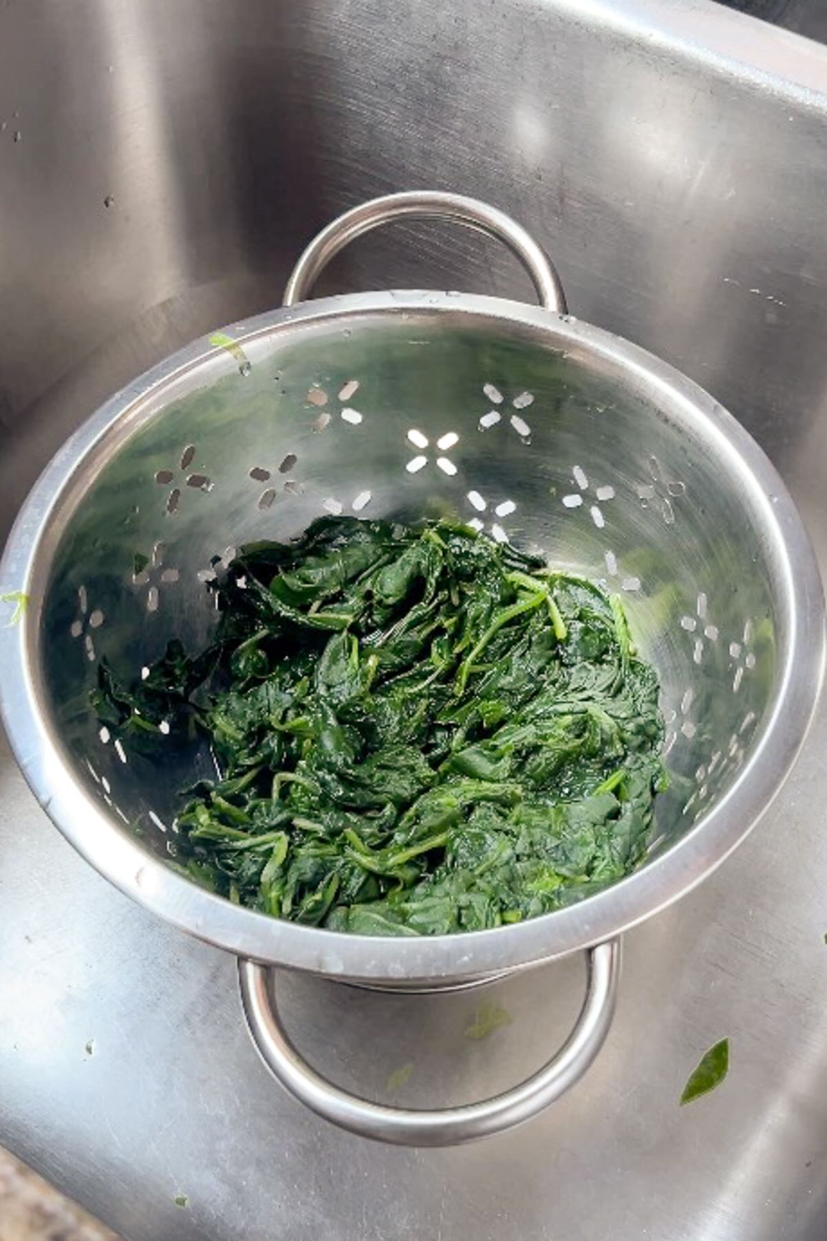 Creamy chicken and spinach, blanching the spinach.