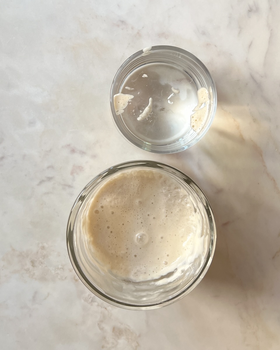 Sourdough bread recipe for beginners, active sourdough starter float test.
