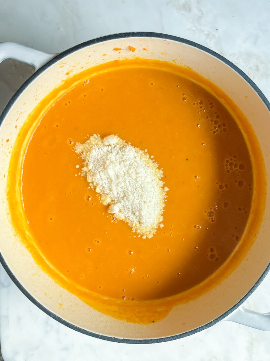 Sweet potato soup with zucchini and garlic, add parmesan.