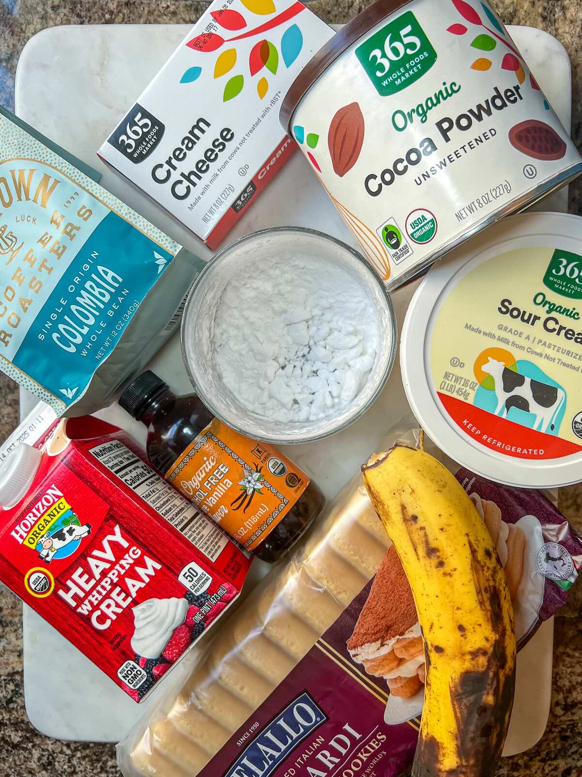 Ingredients for tiramisu in a cup made with no mascarpone and no egg.