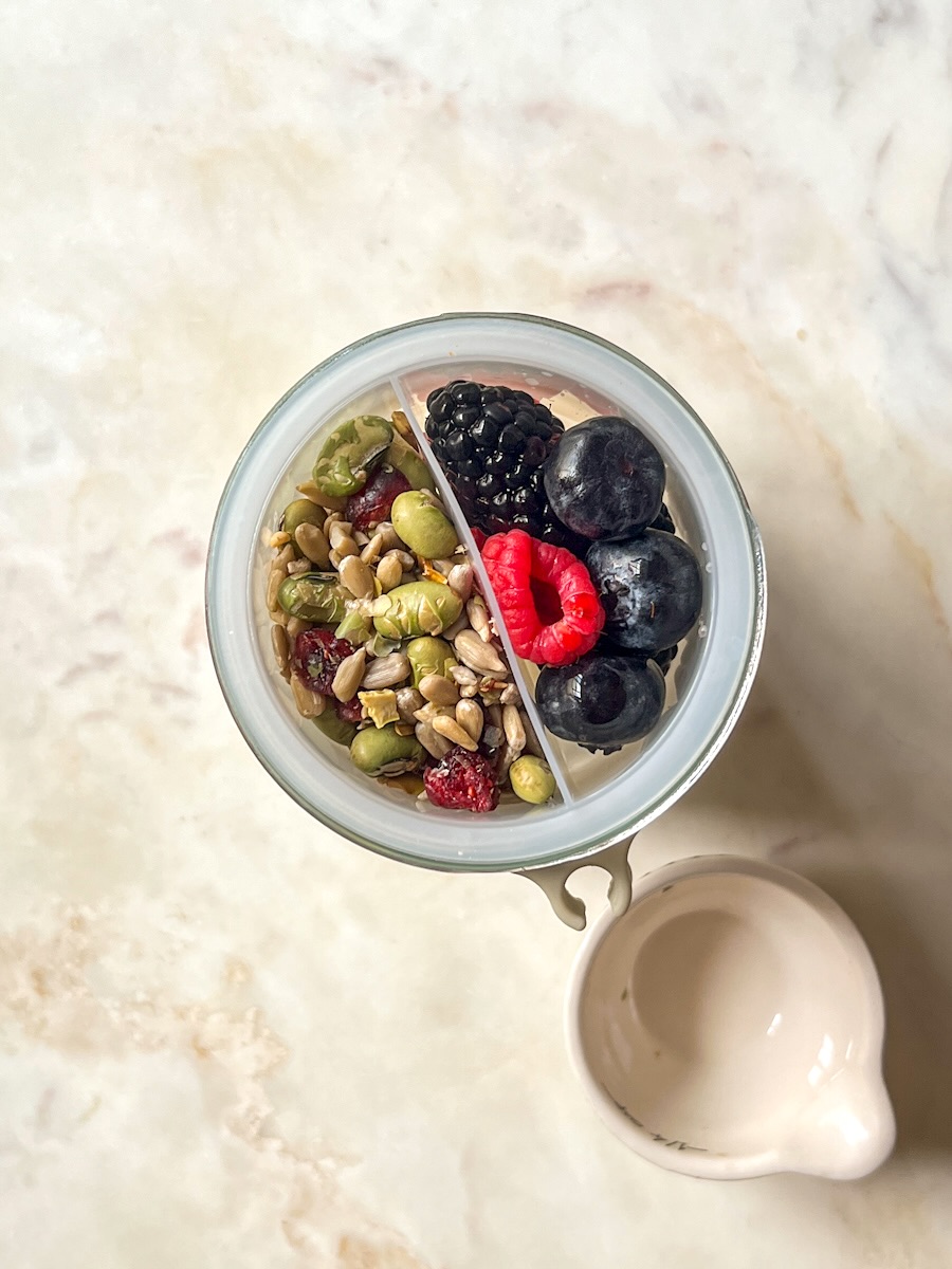 Greek Yogurt, fruit and nuts parfait, add fresh berries.