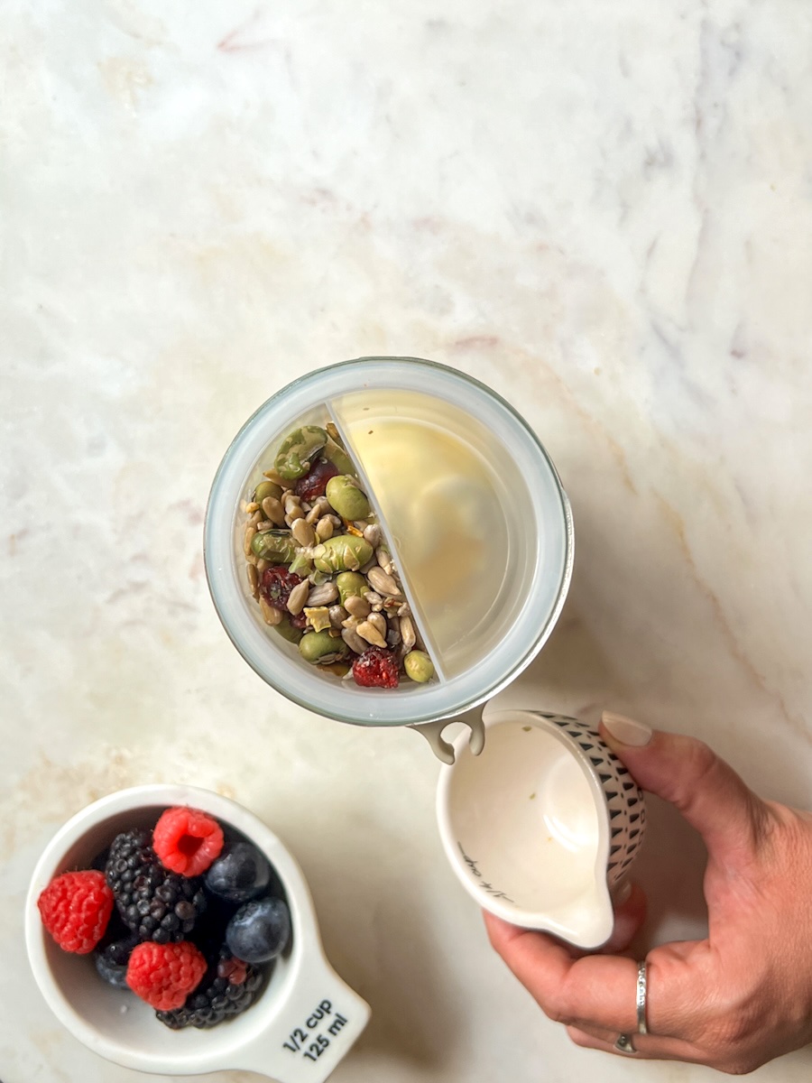 Greek Yogurt, fruit and nuts parfait, add nuts to a separate container.