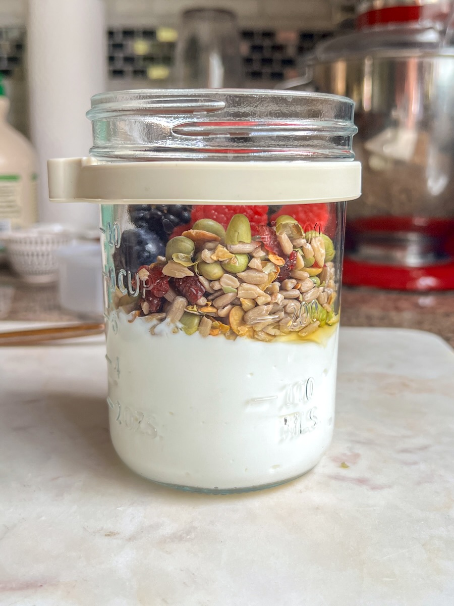 Greek Yogurt, fruit and nuts parfait, cover and refrigerate.