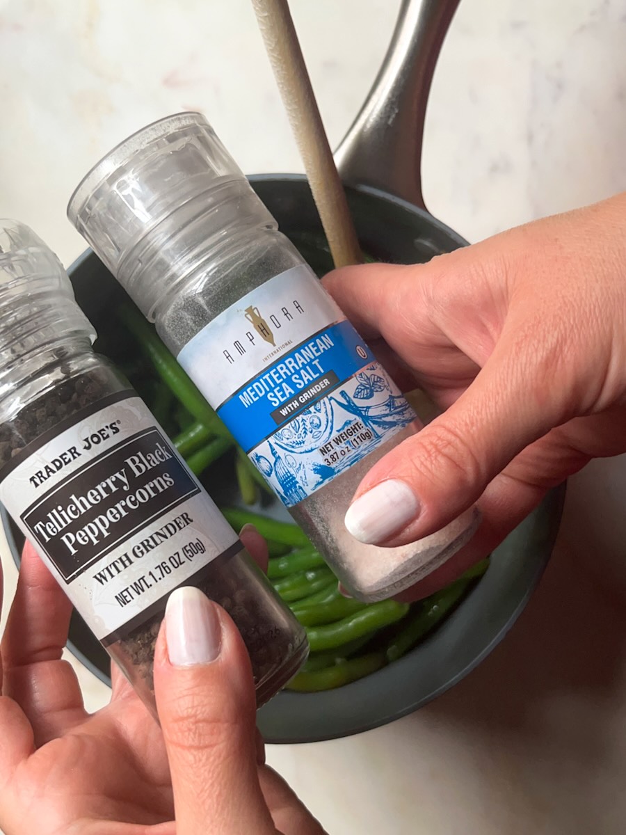 Green Beans with Garlic, add the butter and garlic to the green beans and add salt and pepper per you taste.