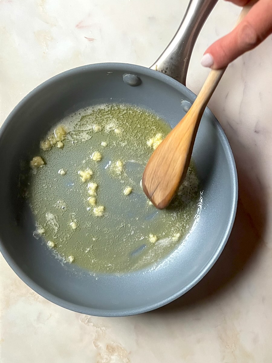 Green Beans with Garlic, add the garlic to the butter.
