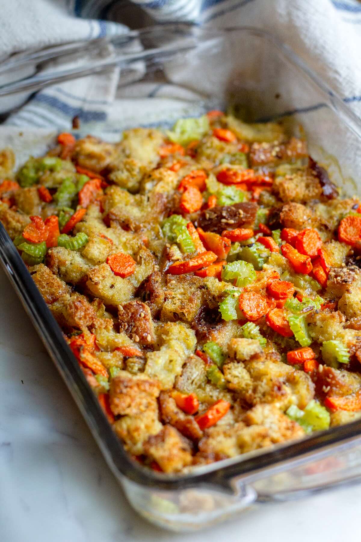 Vegetable stuffing casserole served on the table.