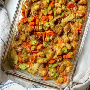 Vegetable stuffing casserole ready to be served at Thanksgiving dinner.