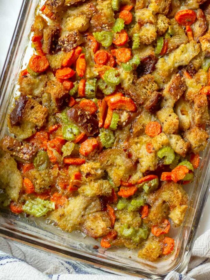 Vegetable stuffing casserole ready to be served at Thanksgiving dinner.
